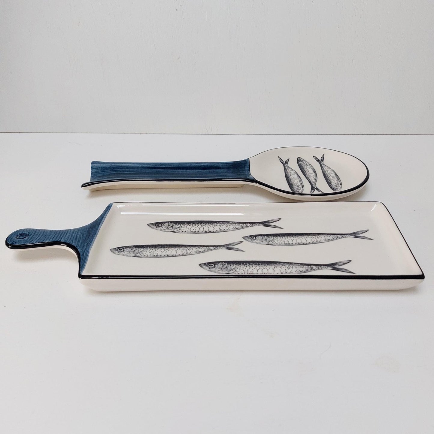 Portuguese Ceramic Sardine Appetizer Tray and Spoon Rest Set