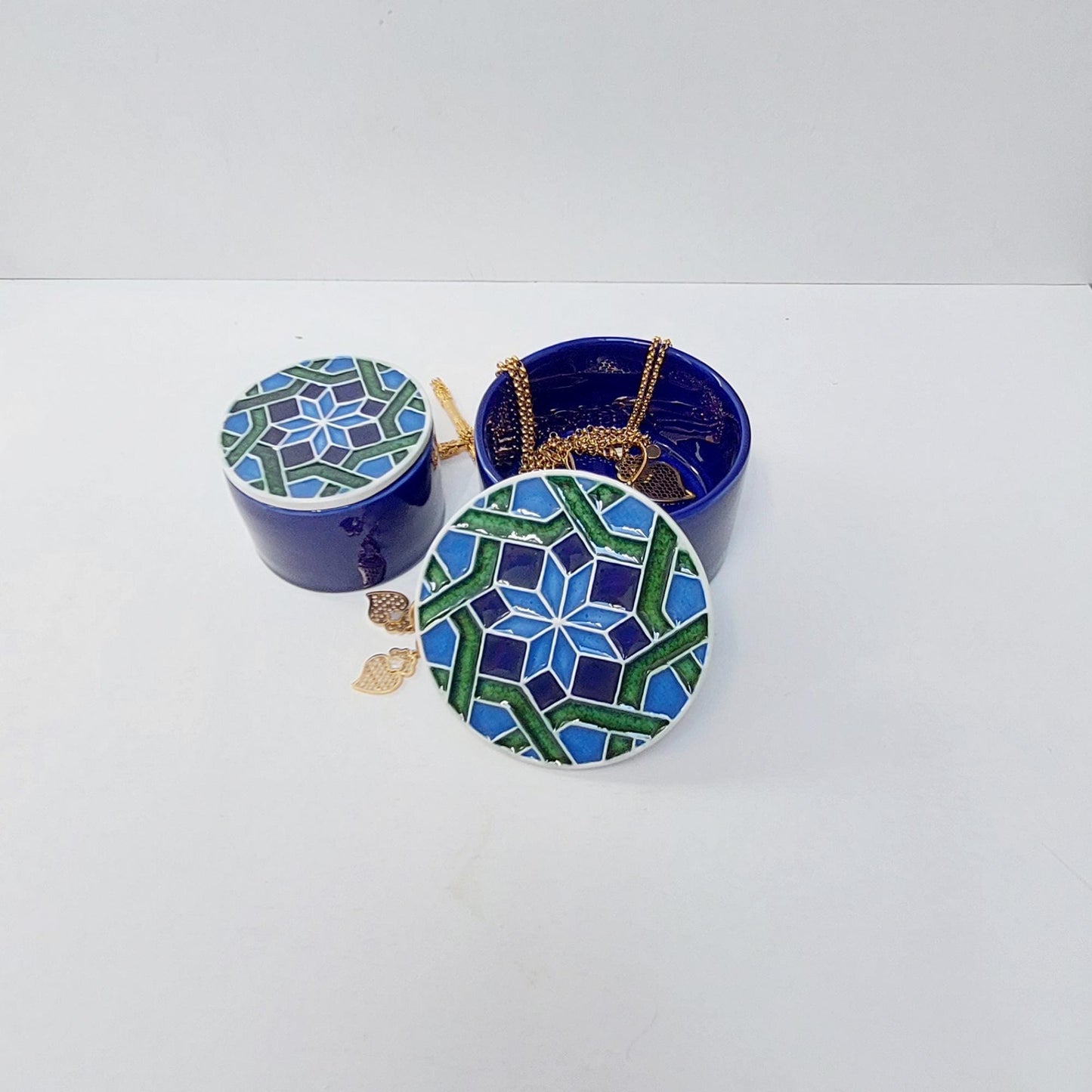 Handmade Ceramic Jewelry Box Set, Portuguese Tile Design