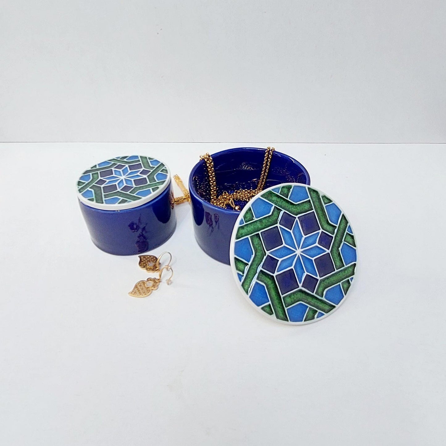 Handmade Ceramic Jewelry Box Set, Portuguese Tile Design