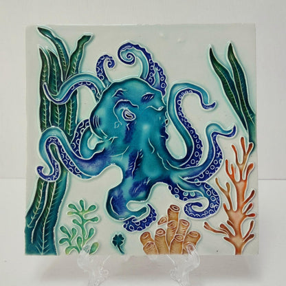 Hand-Painted Portuguese Ceramic Tile, Marine Animals, Ocean Decor