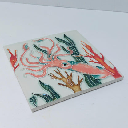 Hand-Painted Portuguese Ceramic Tile, Ocean Squid Wall Art