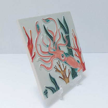 Hand-Painted Portuguese Ceramic Tile, Ocean Squid Wall Art