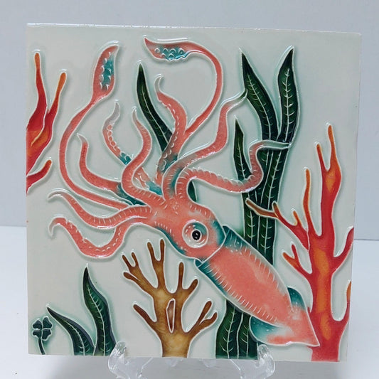 Hand-Painted Portuguese Ceramic Tile, Ocean Squid Wall Art