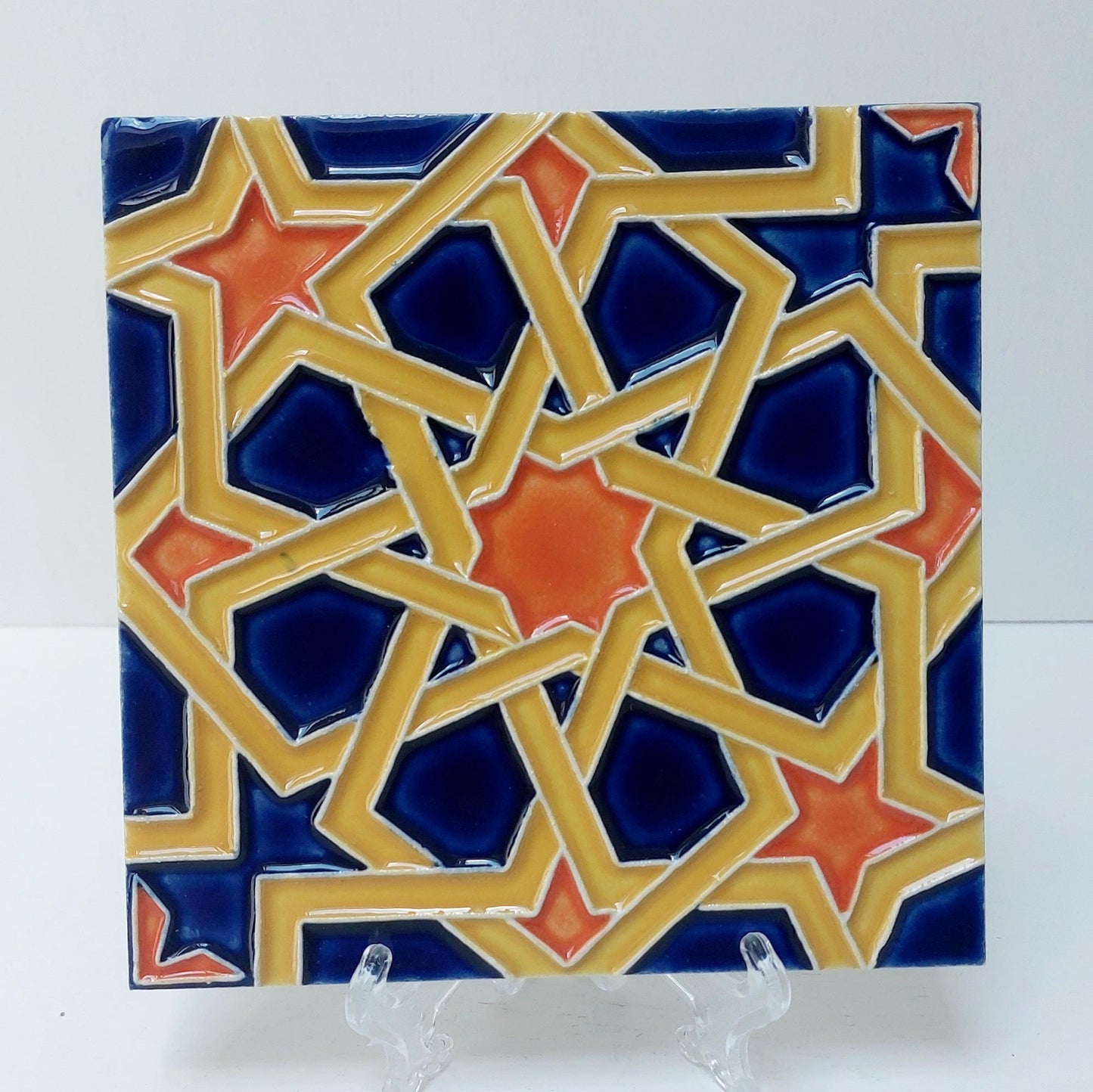 Hand-Painted Portuguese Ceramic Tile, Geometric Wall Art (5.51" x 5.51")