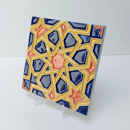 Hand-Painted Portuguese Ceramic Tile, Geometric Wall Art (5.51" x 5.51")
