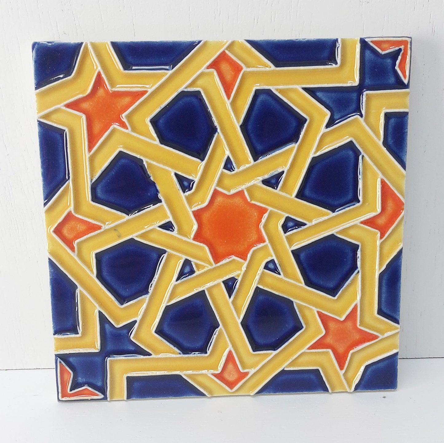 Hand-Painted Portuguese Ceramic Tile, Geometric Wall Art (5.51" x 5.51")