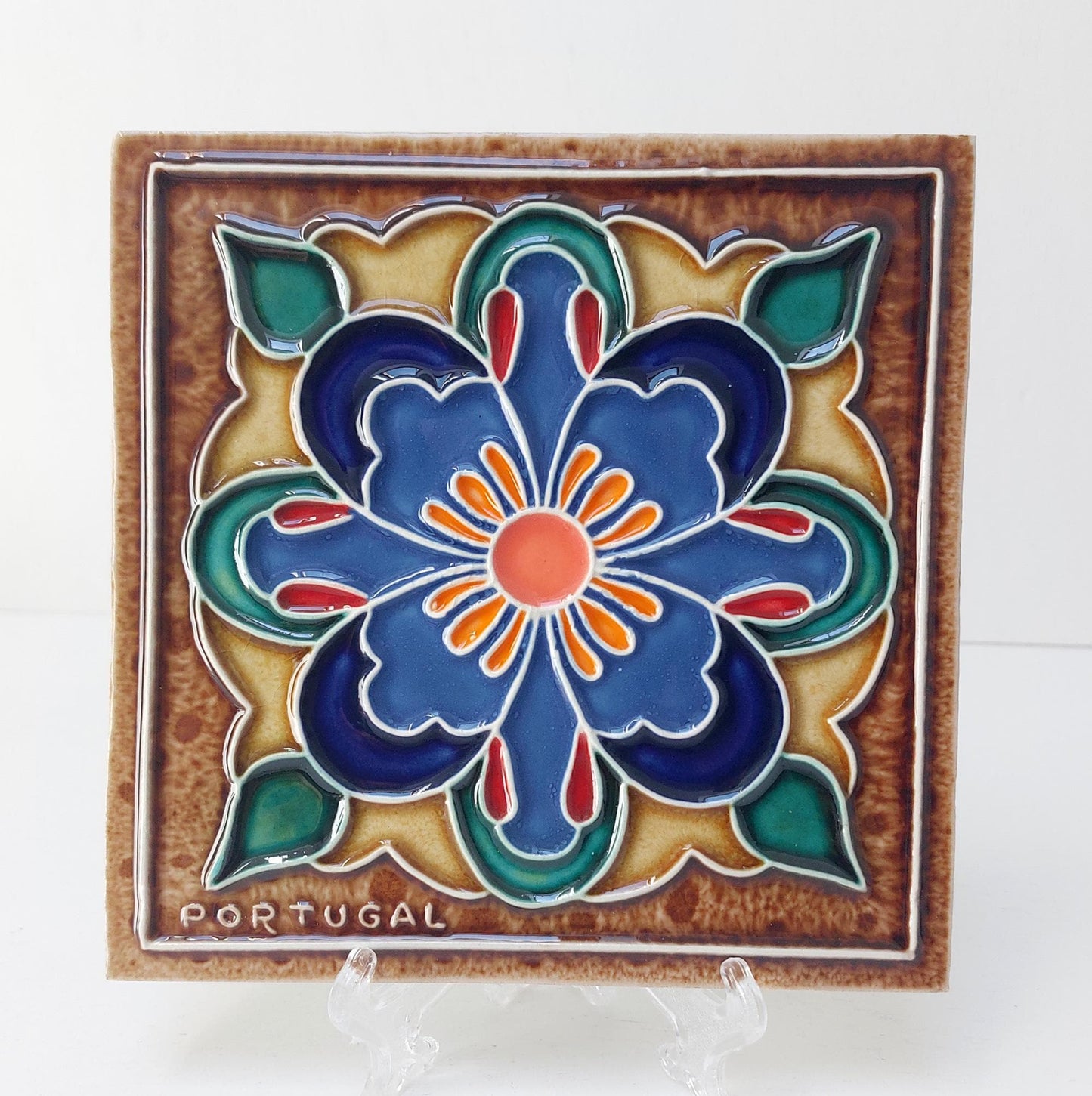 Hand-Painted Portuguese Ceramic Tile, Floral Wall Art (5.51"x5.51")