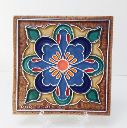 Hand-Painted Portuguese Ceramic Tile, Floral Wall Art (5.51"x5.51")