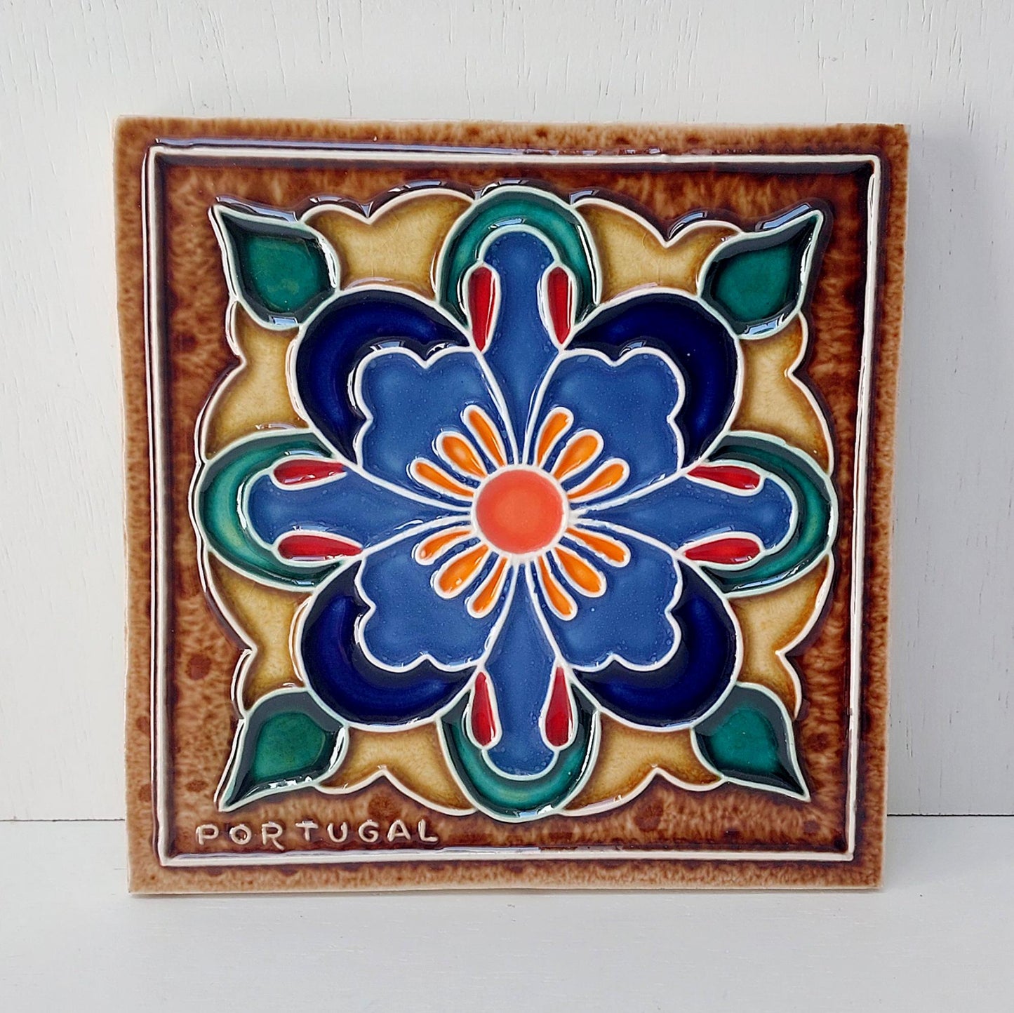 Hand-Painted Portuguese Ceramic Tile, Floral Wall Art (5.51"x5.51")