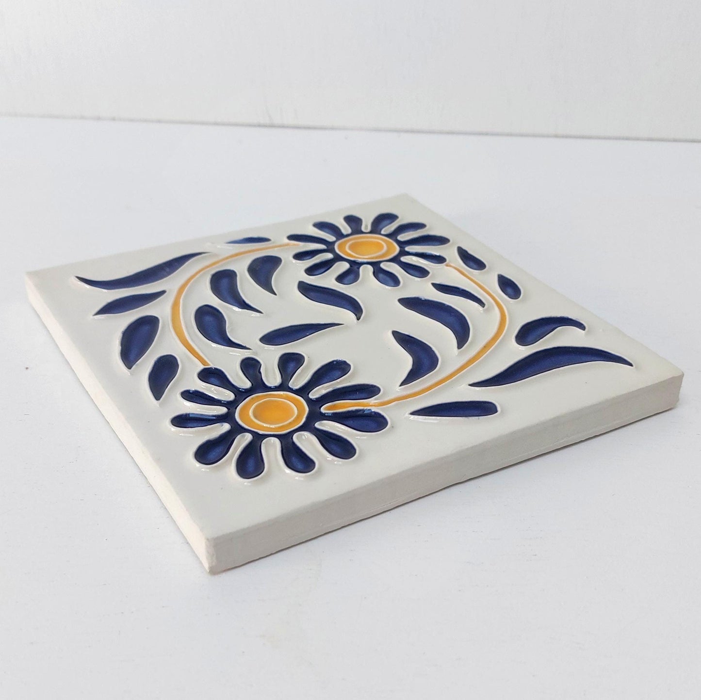 Hand-Painted Portuguese Ceramic Tile, Floral Wall Art (5.51"x5.51")