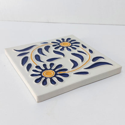 Hand-Painted Portuguese Ceramic Tile, Floral Wall Art (5.51"x5.51")