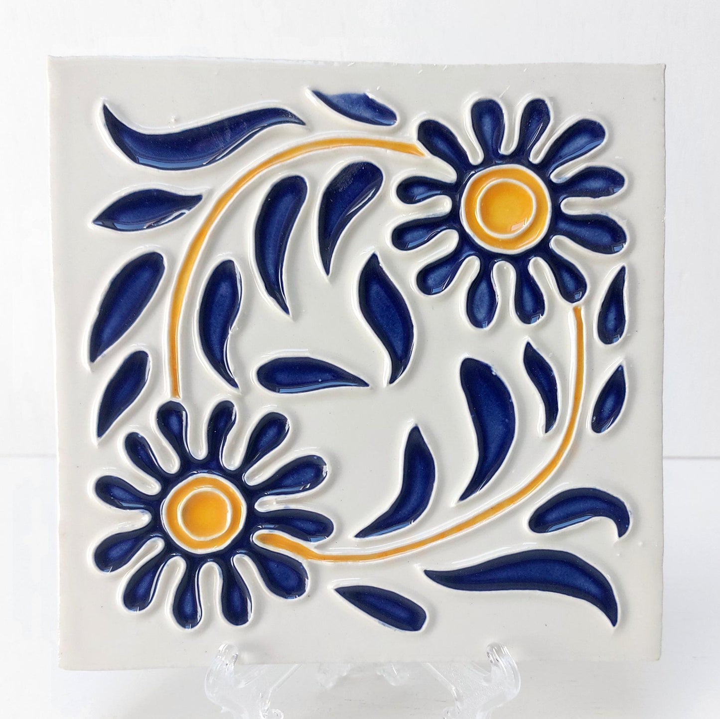 Hand-Painted Portuguese Ceramic Tile, Floral Wall Art (5.51"x5.51")