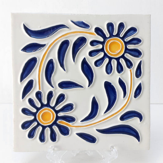 Hand-Painted Portuguese Ceramic Tile, Floral Wall Art (5.51"x5.51")