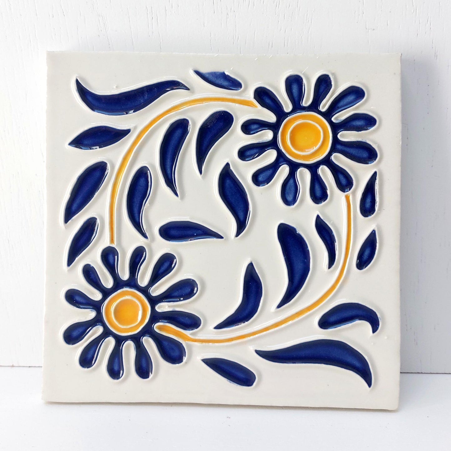 Hand-Painted Portuguese Ceramic Tile, Floral Wall Art (5.51"x5.51")