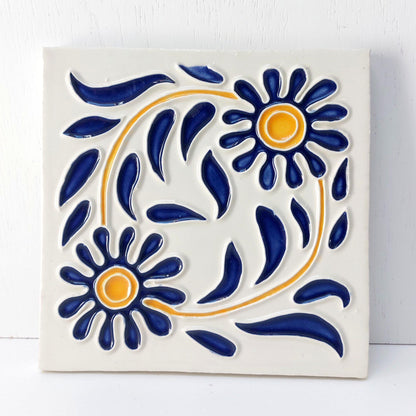 Hand-Painted Portuguese Ceramic Tile, Floral Wall Art (5.51"x5.51")