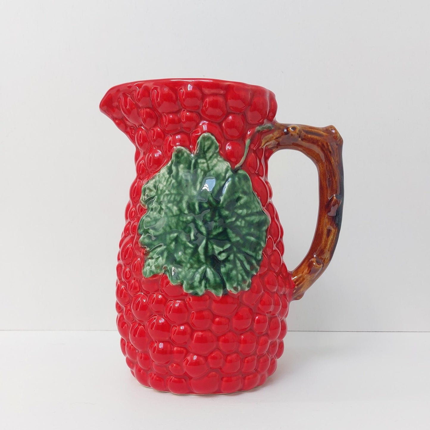 Hand-Painted Portuguese Ceramic Jug, Red Raspberry Design