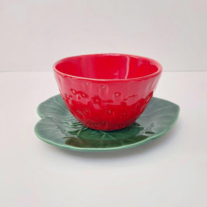 Handmade Strawberry Ceramic Bowl and Plate Set, Portuguese Pottery