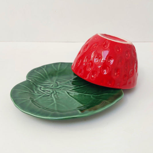 Handmade Strawberry Ceramic Bowl and Plate Set, Portuguese Pottery