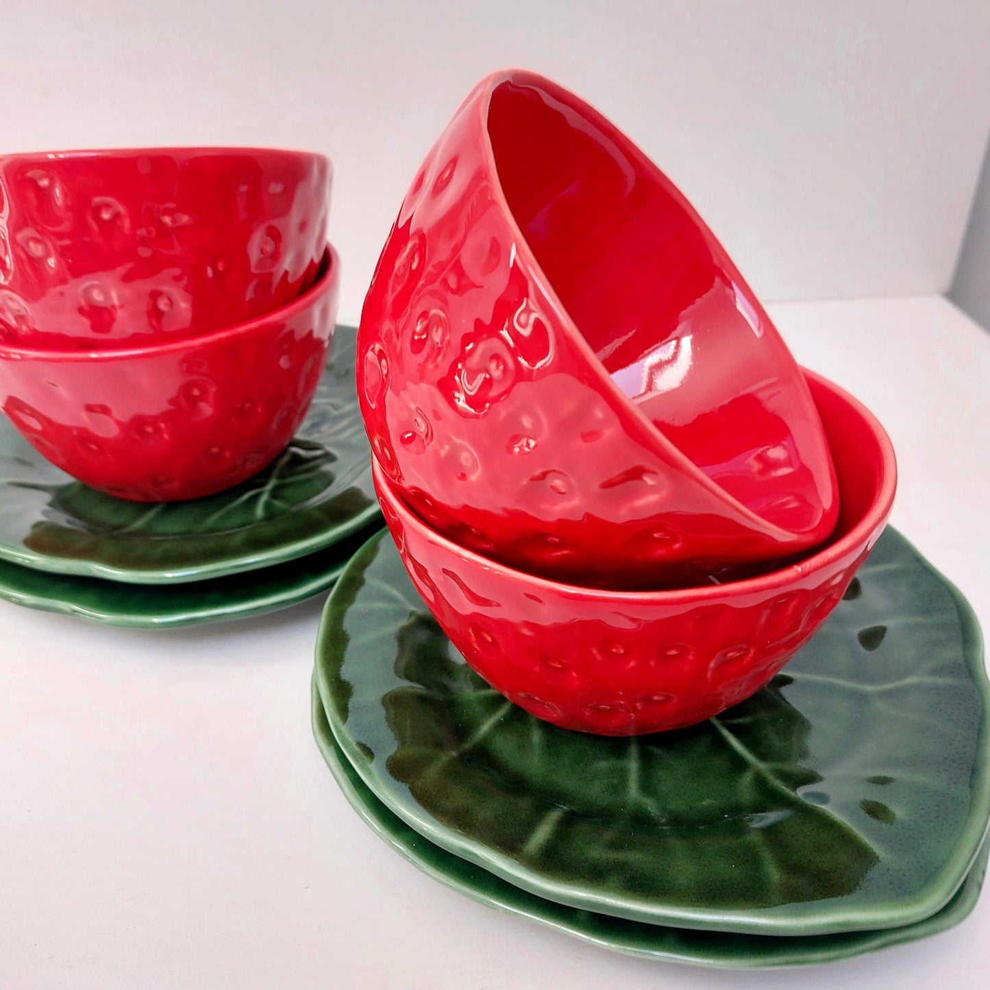 Handmade Strawberry Ceramic Bowl and Plate Set, Portuguese Pottery