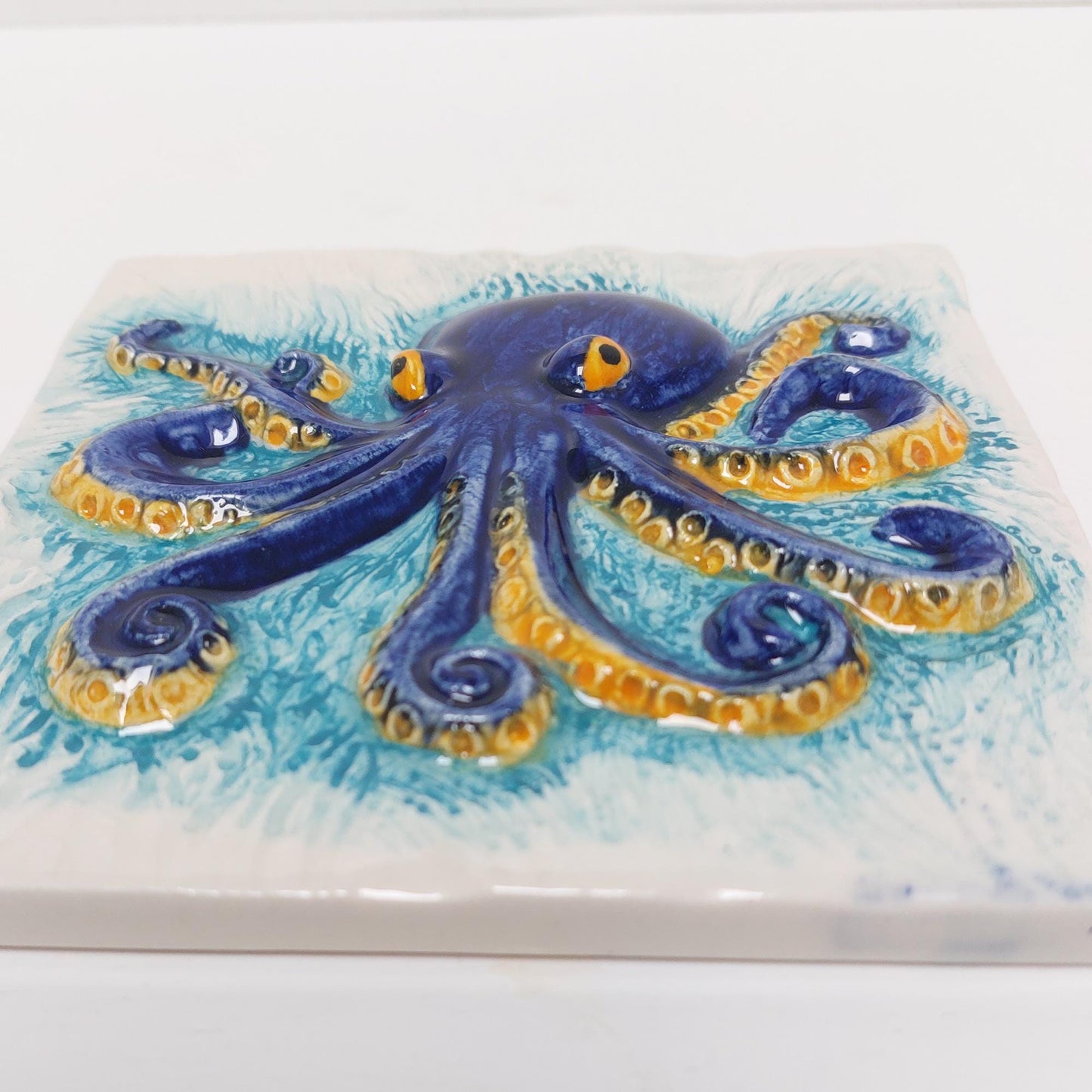 Hand-Painted Octopus Ceramic Tile, Portuguese Wall Decor (5.51"x5.51")