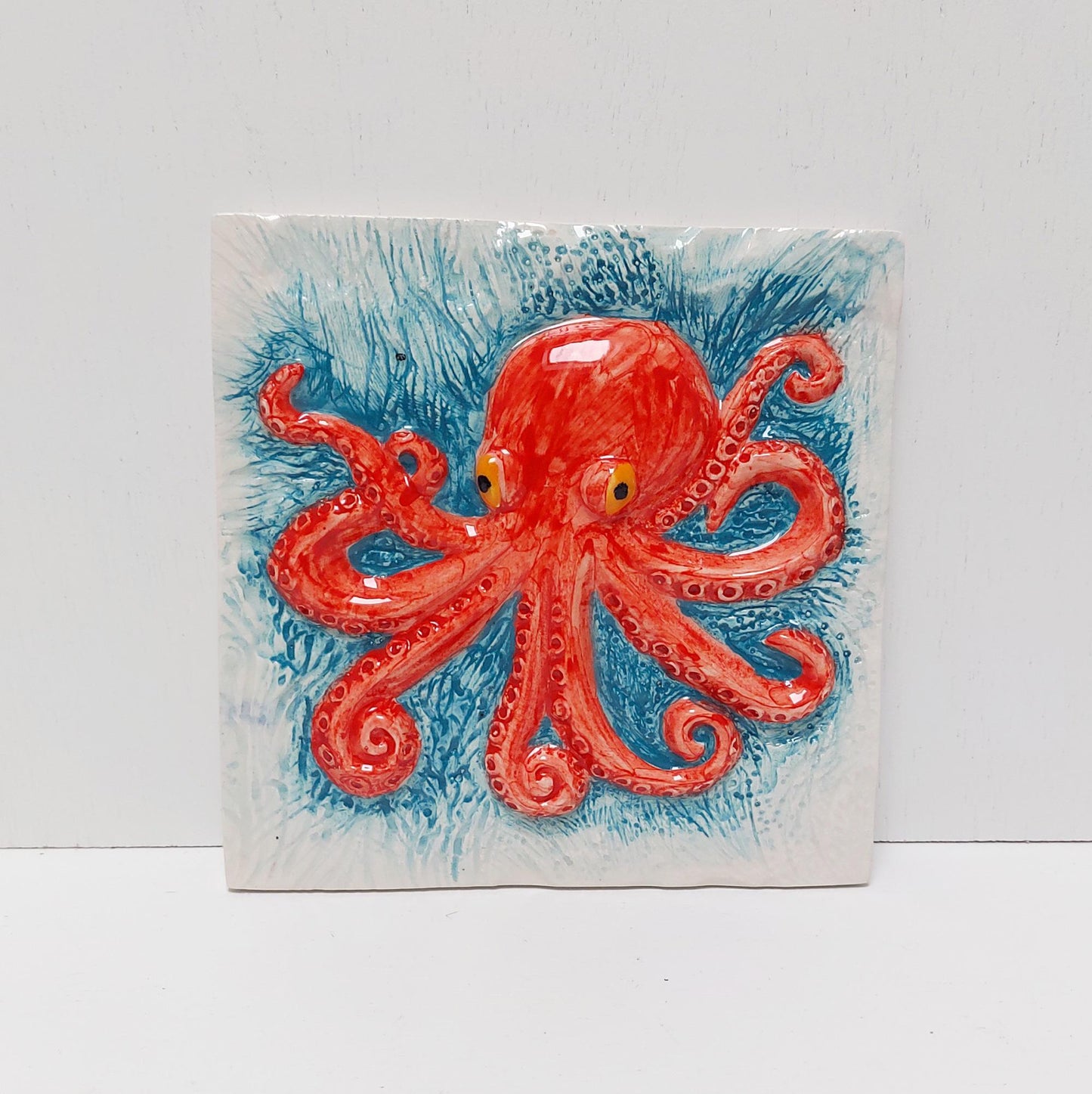 Hand-Painted Octopus Ceramic Tile, Portuguese Wall Art (5.51"x5.51")
