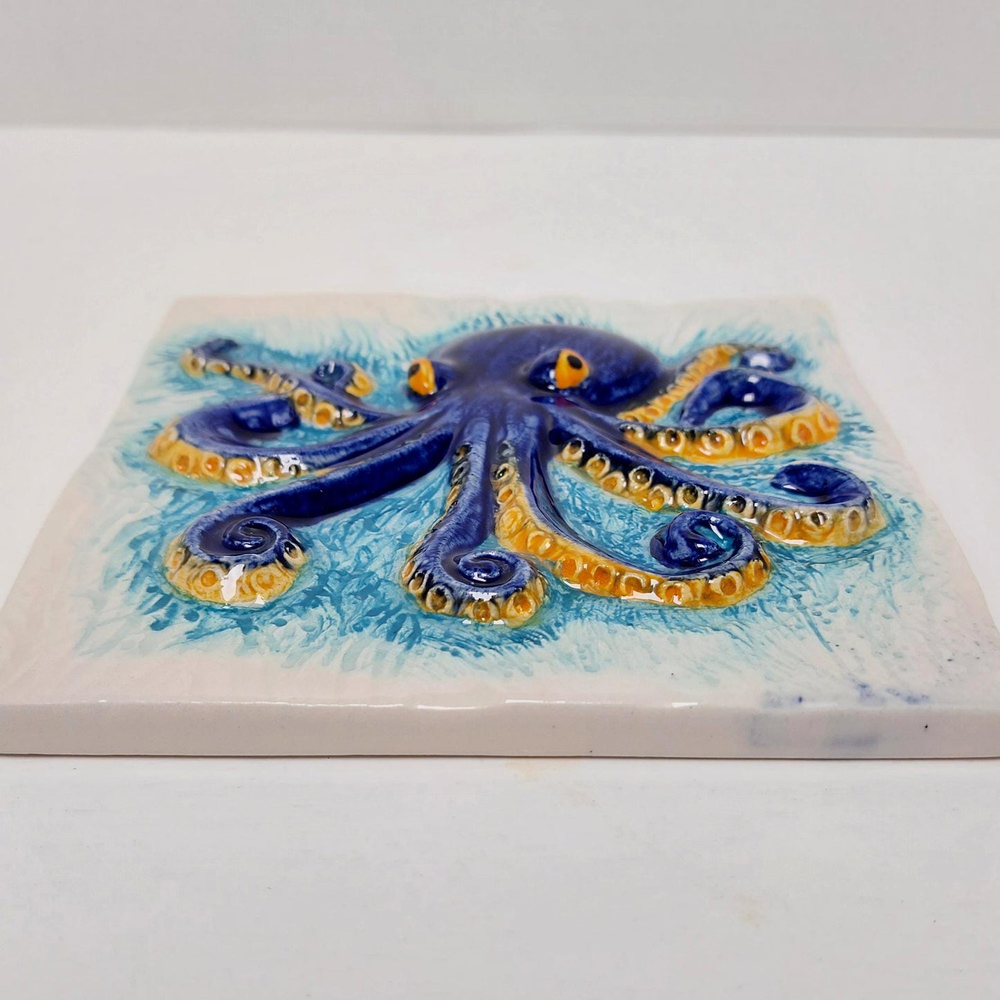 Octopus Tile Mural, Hand-Painted Portuguese Ceramic Wall Decor (Set of 3)