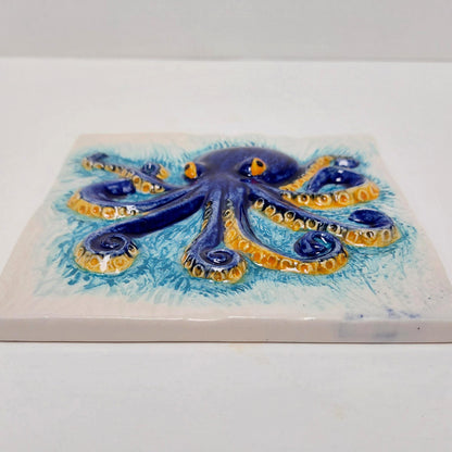 Octopus Tile Mural, Hand-Painted Portuguese Ceramic Wall Decor (Set of 3)