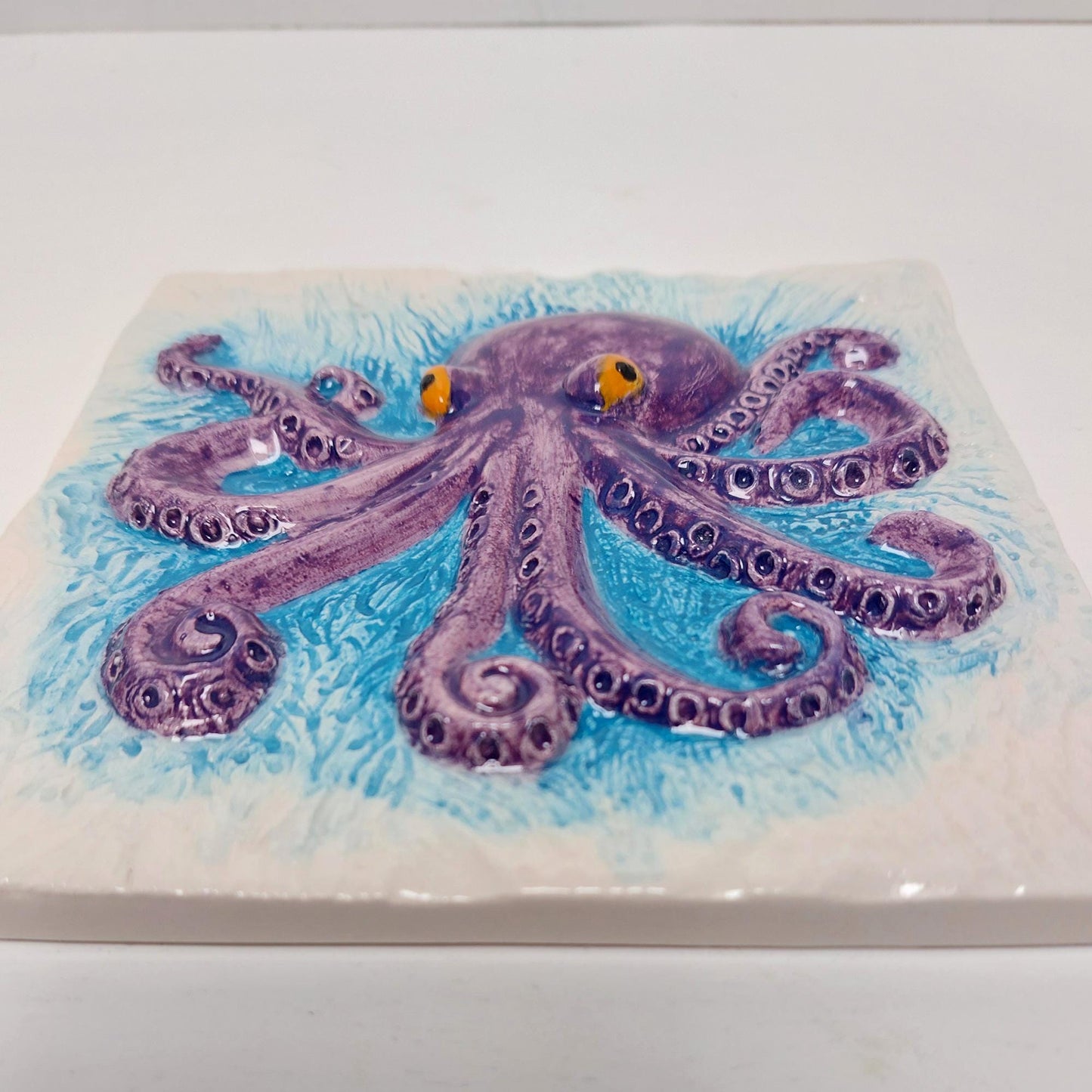 Octopus Tile Mural, Hand-Painted Portuguese Ceramic Wall Decor (Set of 3)