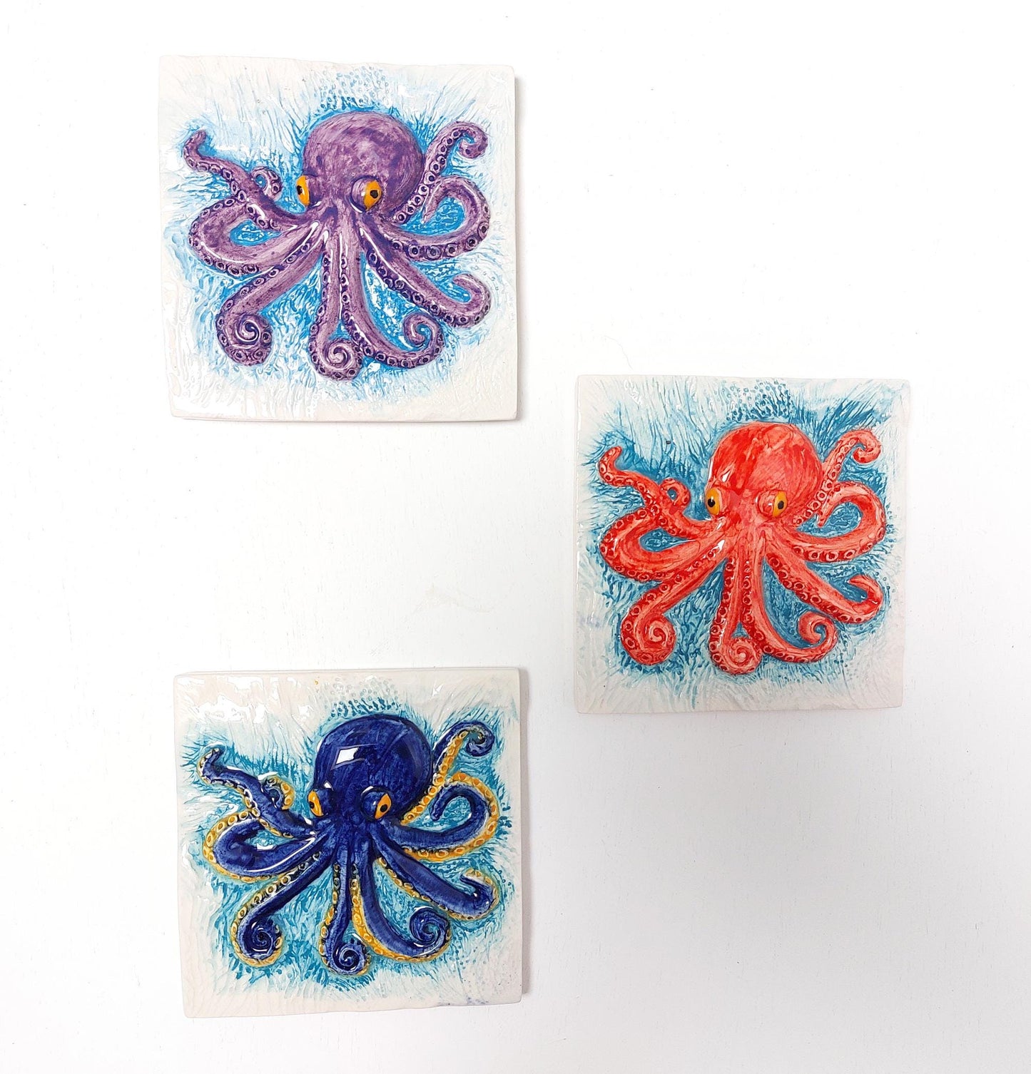 Octopus Tile Mural, Hand-Painted Portuguese Ceramic Wall Decor (Set of 3)