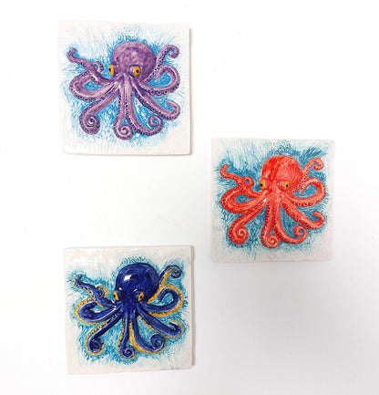 Octopus Tile Mural, Hand-Painted Portuguese Ceramic Wall Decor (Set of 3)