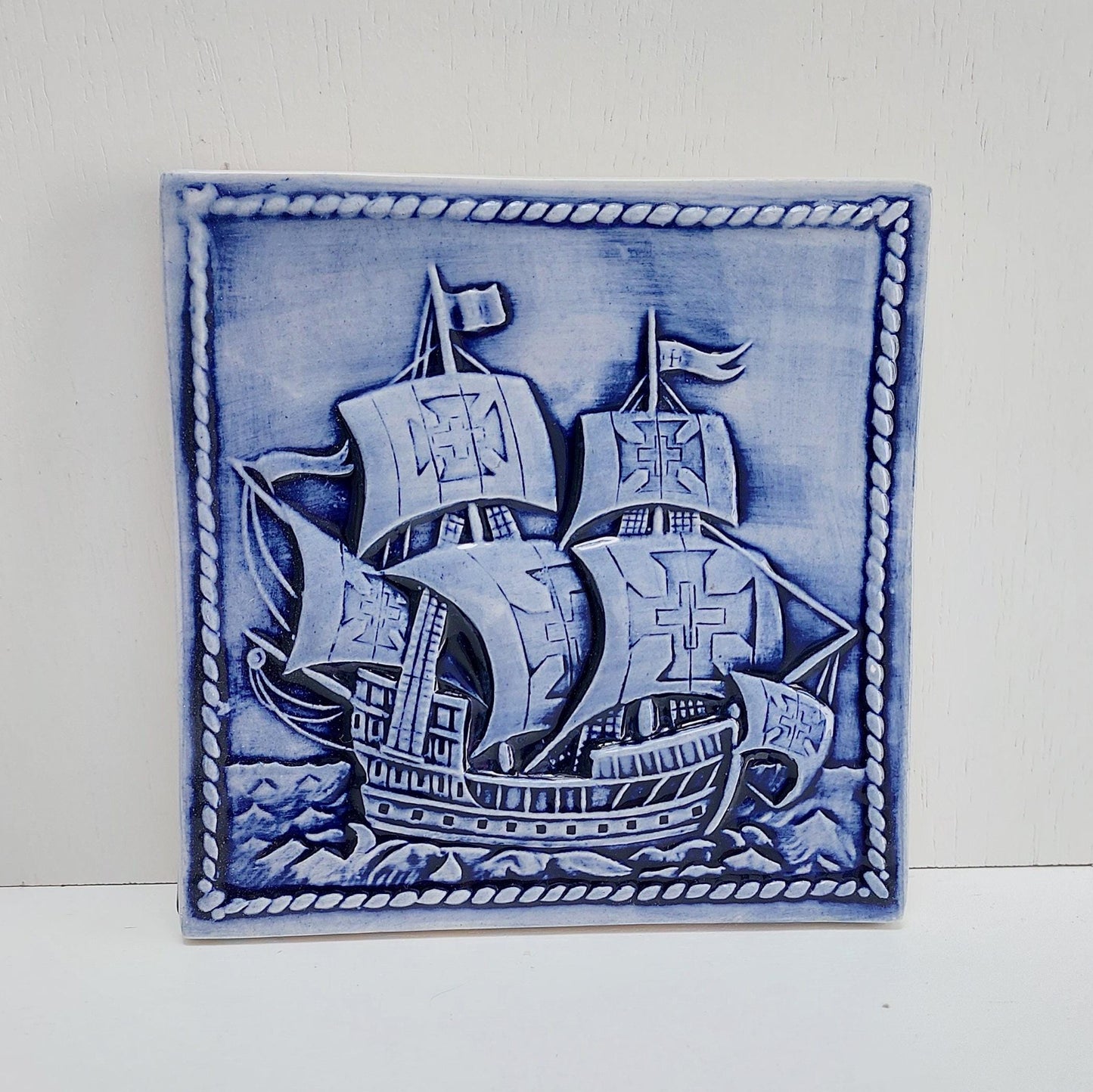 Hand-Painted Portuguese Ceramic Tile, Ship Wall Decor (5.51"x5.51")
