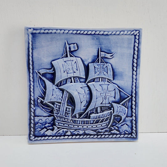 Hand-Painted Portuguese Ceramic Tile, Ship Wall Decor (5.51"x5.51")