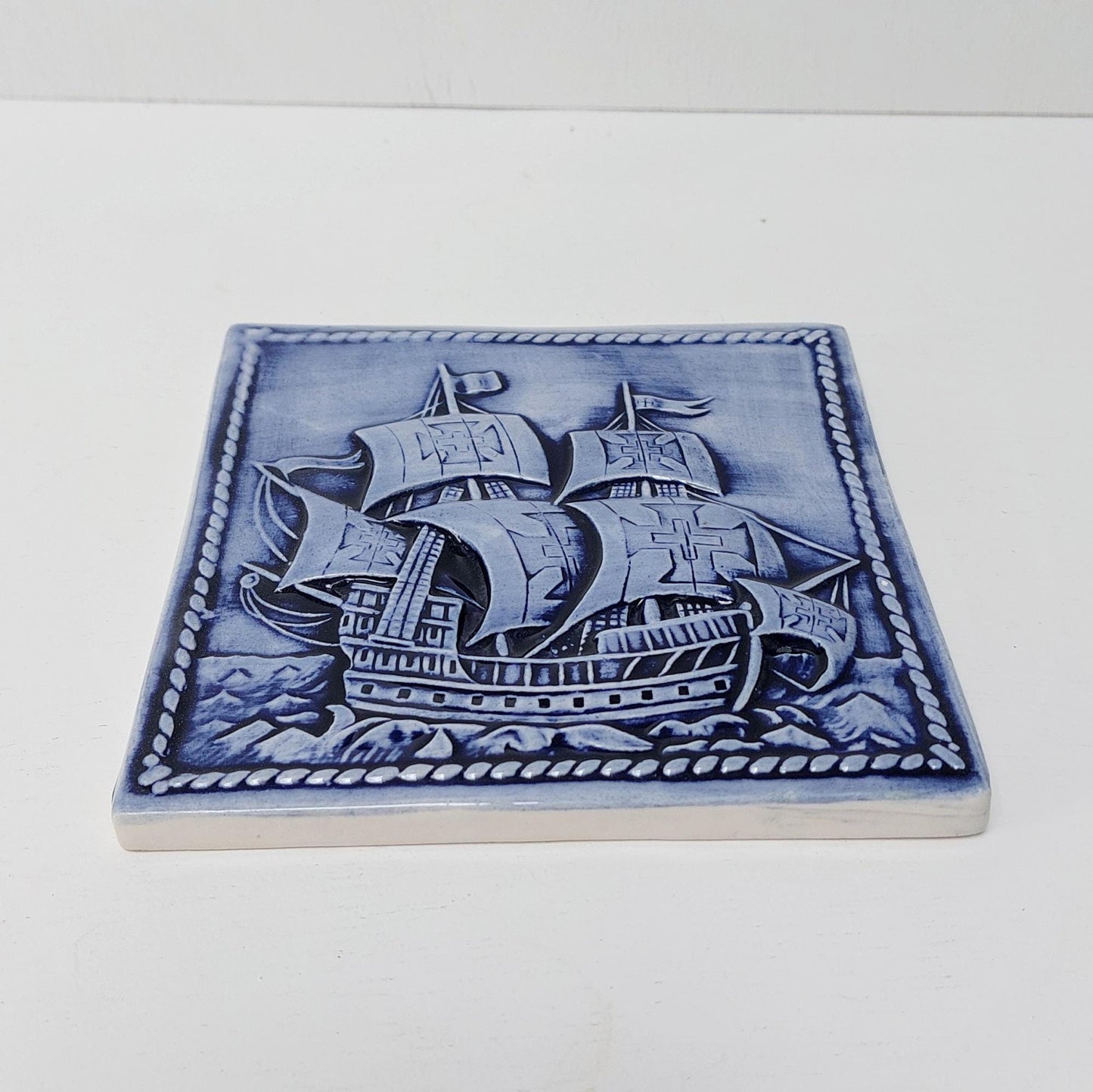 Hand-Painted Portuguese Ceramic Tile, Ship Wall Decor (5.51"x5.51")