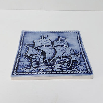Hand-Painted Portuguese Ceramic Tile, Ship Wall Decor (5.51"x5.51")