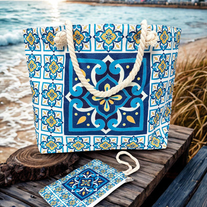 Waterproof Beach Tote with Portuguese Azulejo Tile Design