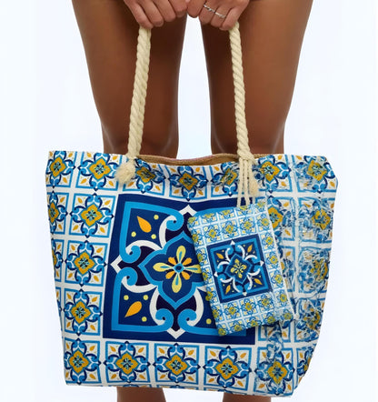 Waterproof Beach Tote with Portuguese Azulejo Tile Design