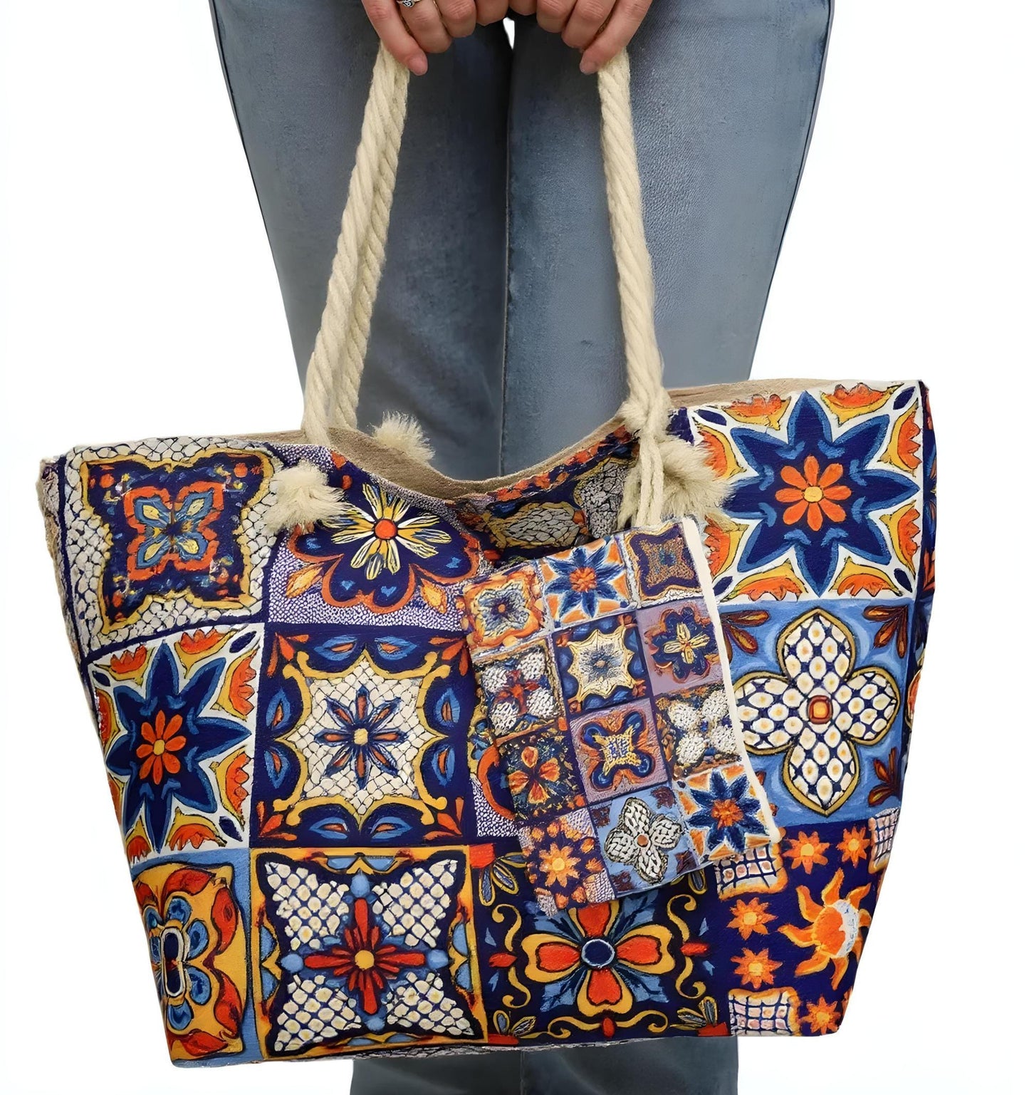 Portuguese Tiles Beach Tote, Waterproof Summer Bag with Zipper