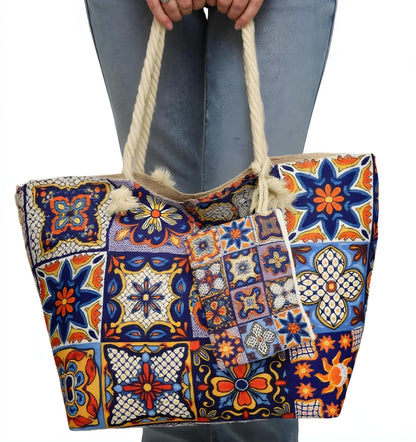 Portuguese Tiles Beach Tote, Waterproof Summer Bag with Zipper