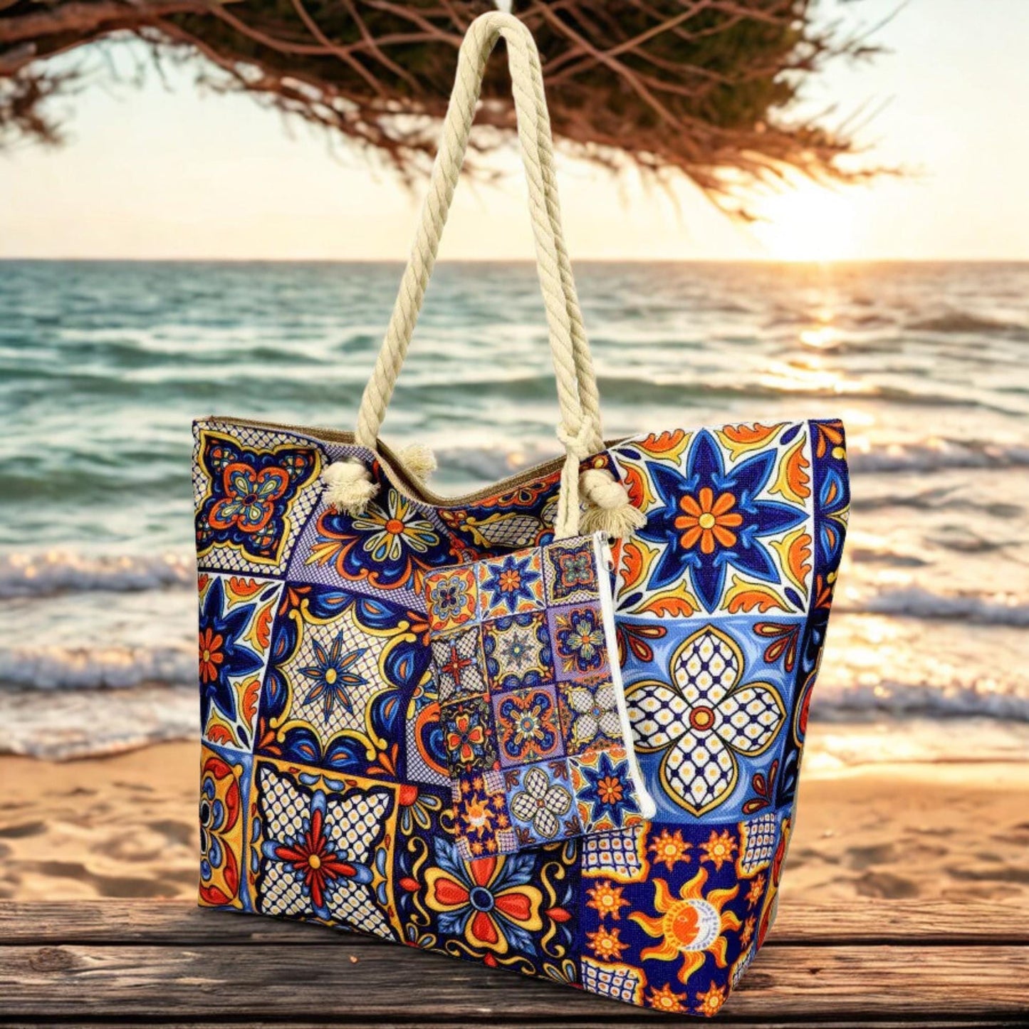 Portuguese Tiles Beach Tote, Waterproof Summer Bag with Zipper