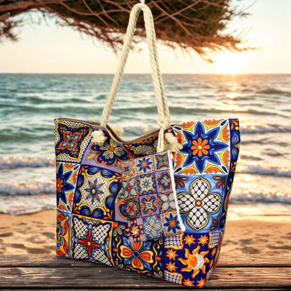 Portuguese Tiles Beach Tote, Waterproof Summer Bag with Zipper