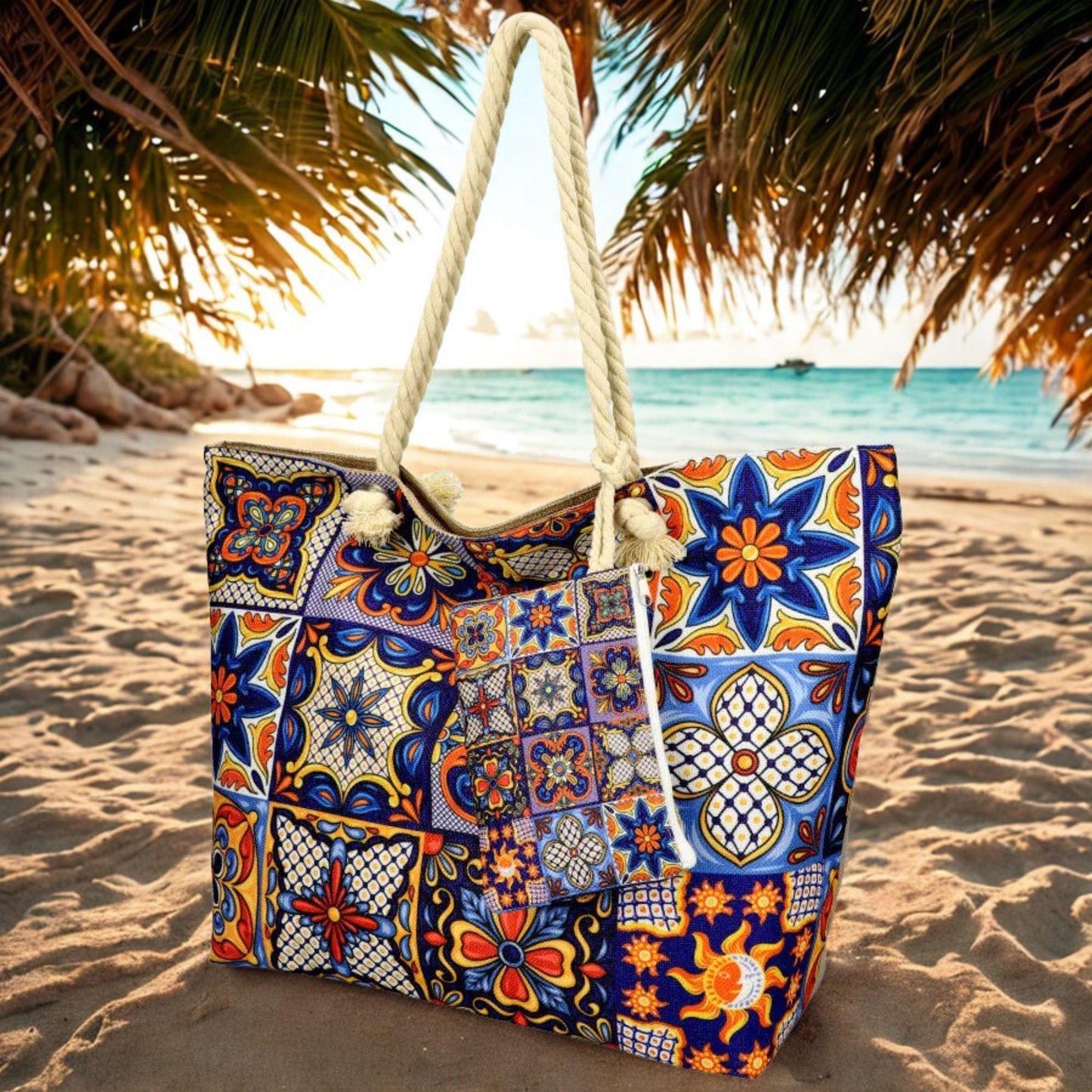 Portuguese Tiles Beach Tote, Waterproof Summer Bag with Zipper