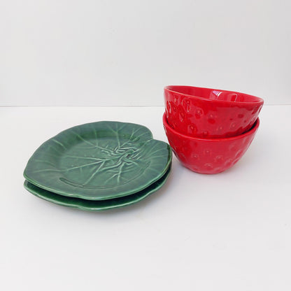 Handmade Strawberry Ceramic Bowl and Plate Set, Portuguese Pottery