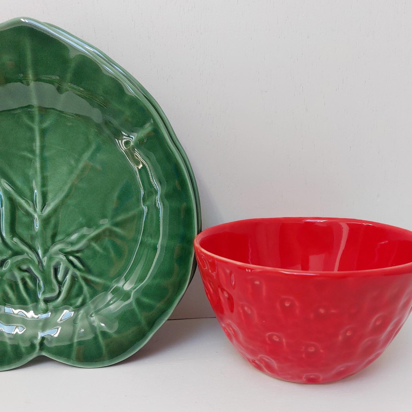 Handmade Strawberry Ceramic Bowl and Plate Set, Portuguese Pottery
