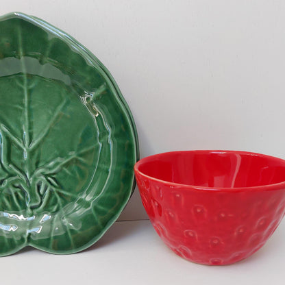 Handmade Strawberry Ceramic Bowl and Plate Set, Portuguese Pottery