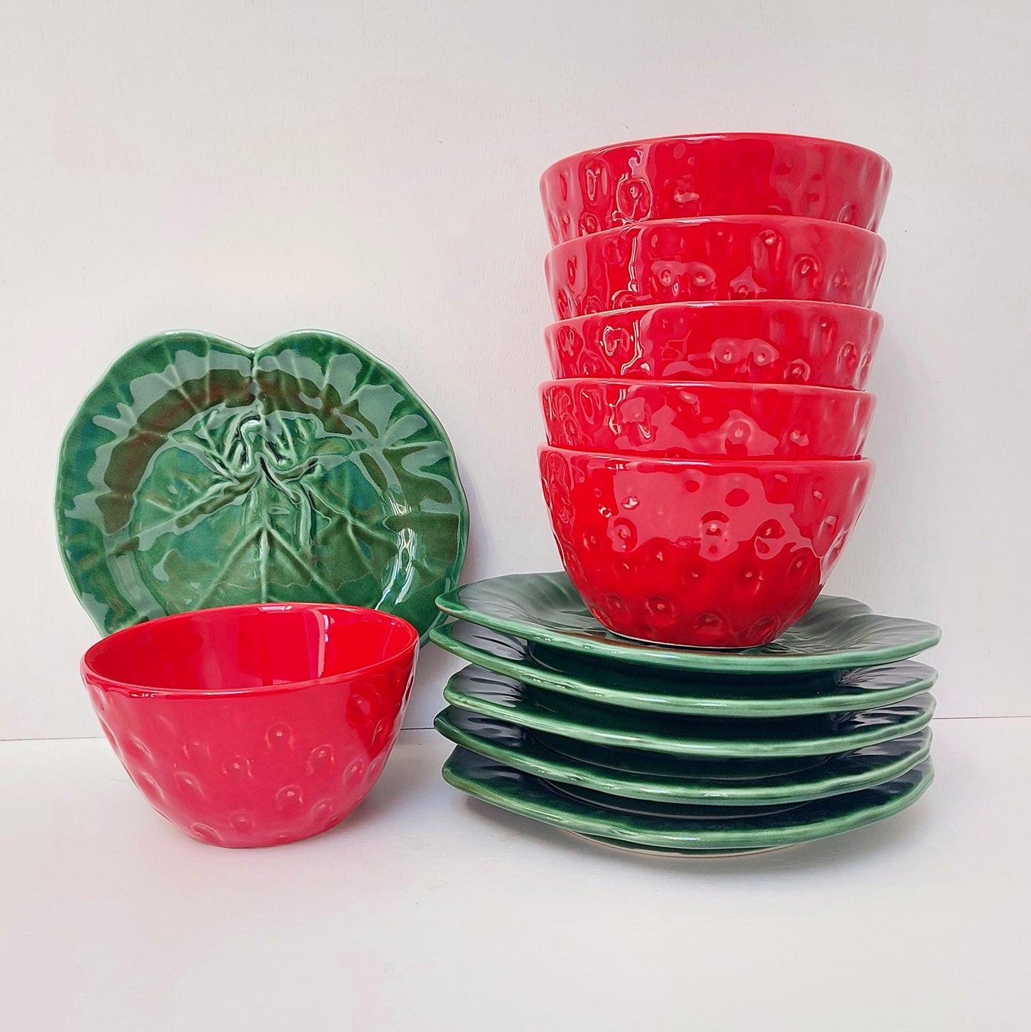 Handmade Strawberry Ceramic Bowl and Plate Set, Portuguese Pottery