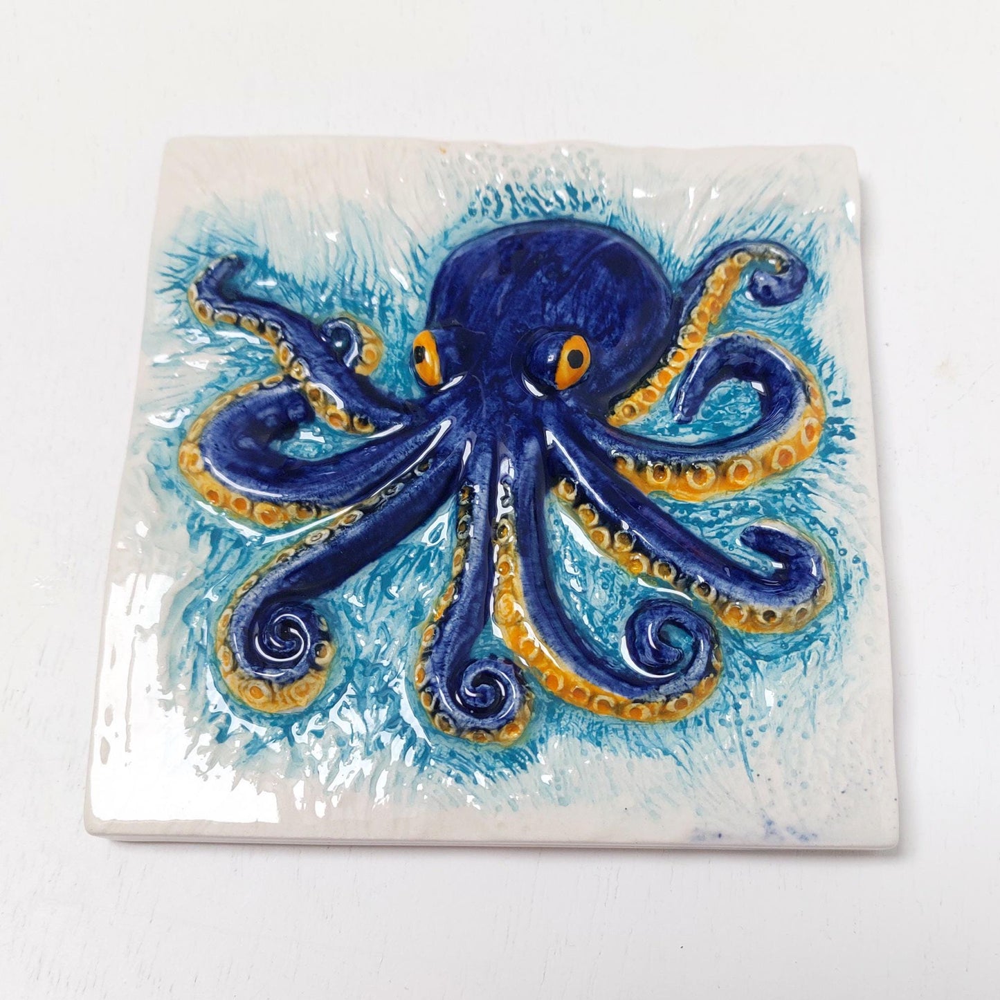 Hand-Painted Octopus Ceramic Tile, Portuguese Wall Decor (5.51"x5.51")