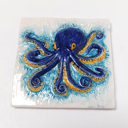 Hand-Painted Octopus Ceramic Tile, Portuguese Wall Decor (5.51"x5.51")