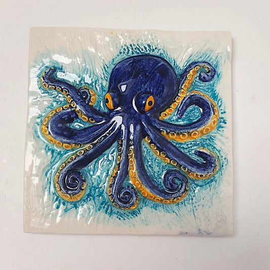 Hand-Painted Octopus Ceramic Tile, Portuguese Wall Decor (5.51"x5.51")