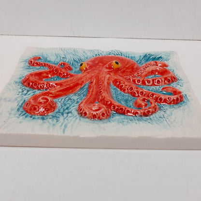 Hand-Painted Octopus Ceramic Tile, Portuguese Wall Art (5.51"x5.51")