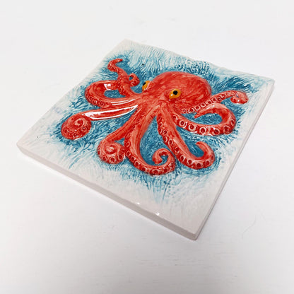 Hand-Painted Octopus Ceramic Tile, Portuguese Wall Art (5.51"x5.51")